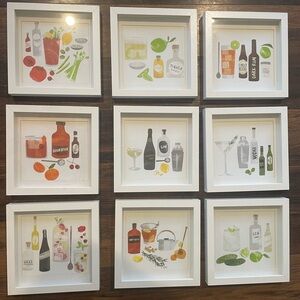 Bar Artwork, gin and tonic, bourbon, vodka, bloody mary. 9x9 9 frame